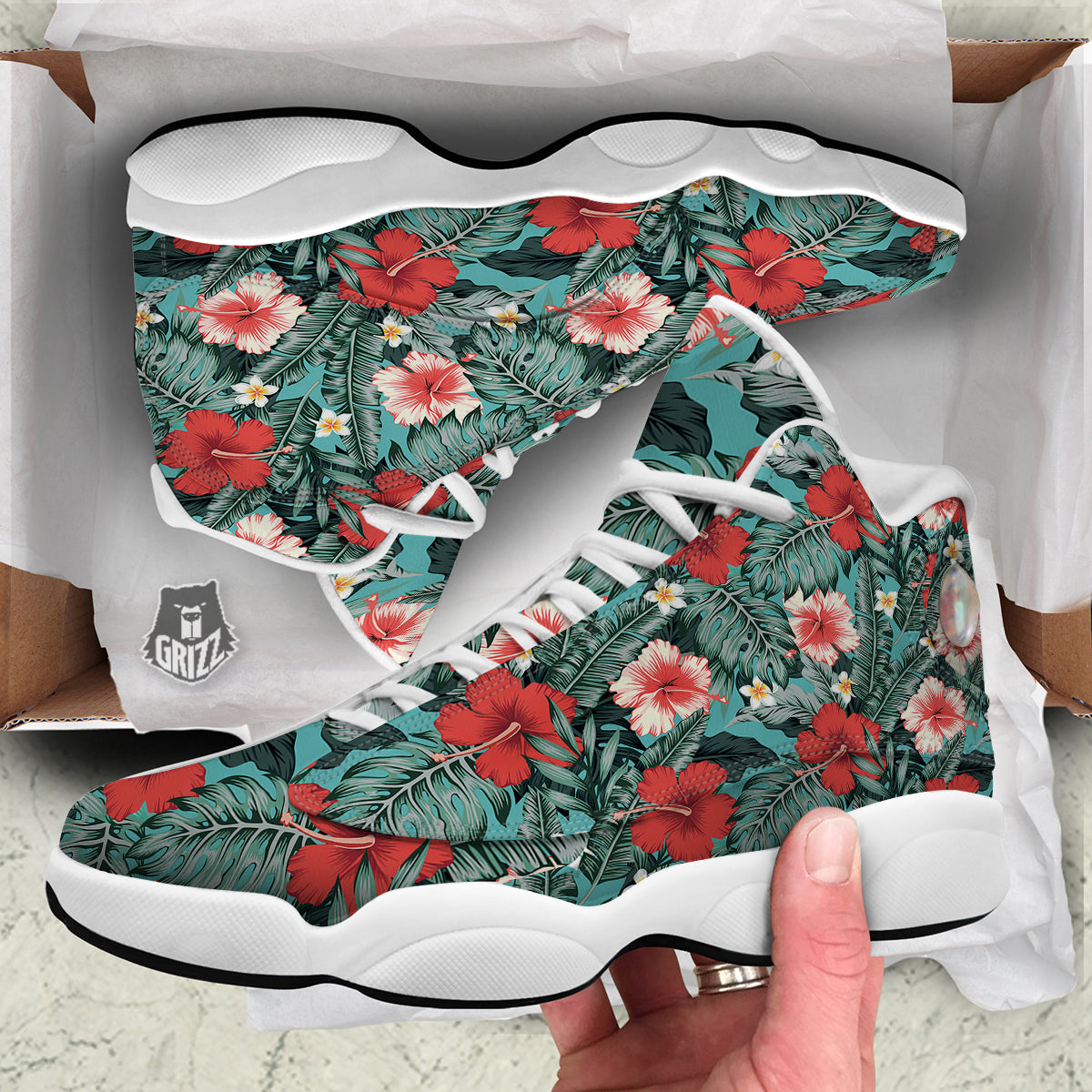 Tropical Leaf Turquoise Print Pattern White Basketball Shoes-grizzshop
