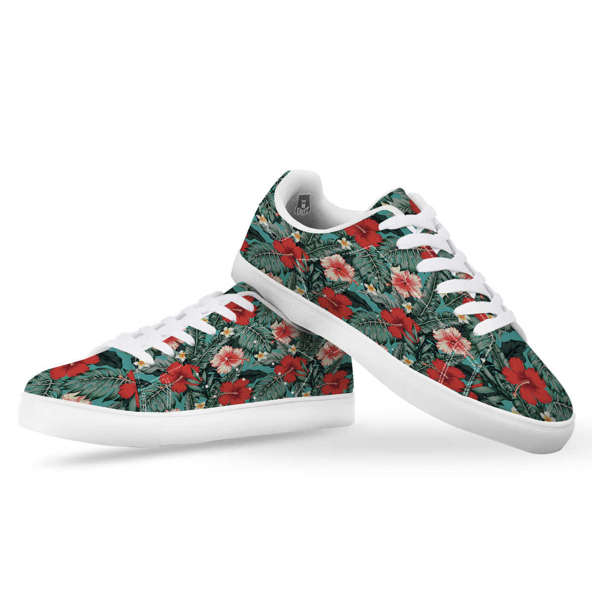 Tropical Leaf Turquoise Print Pattern White Low Top Sneakers-grizzshop
