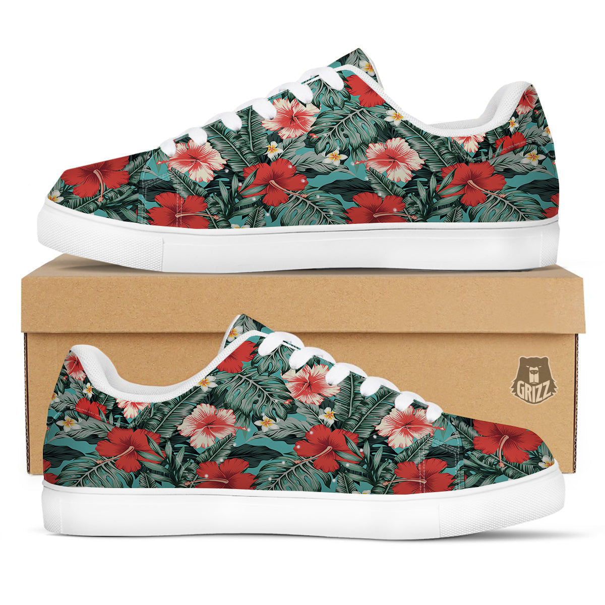 Tropical Leaf Turquoise Print Pattern White Low Top Sneakers-grizzshop