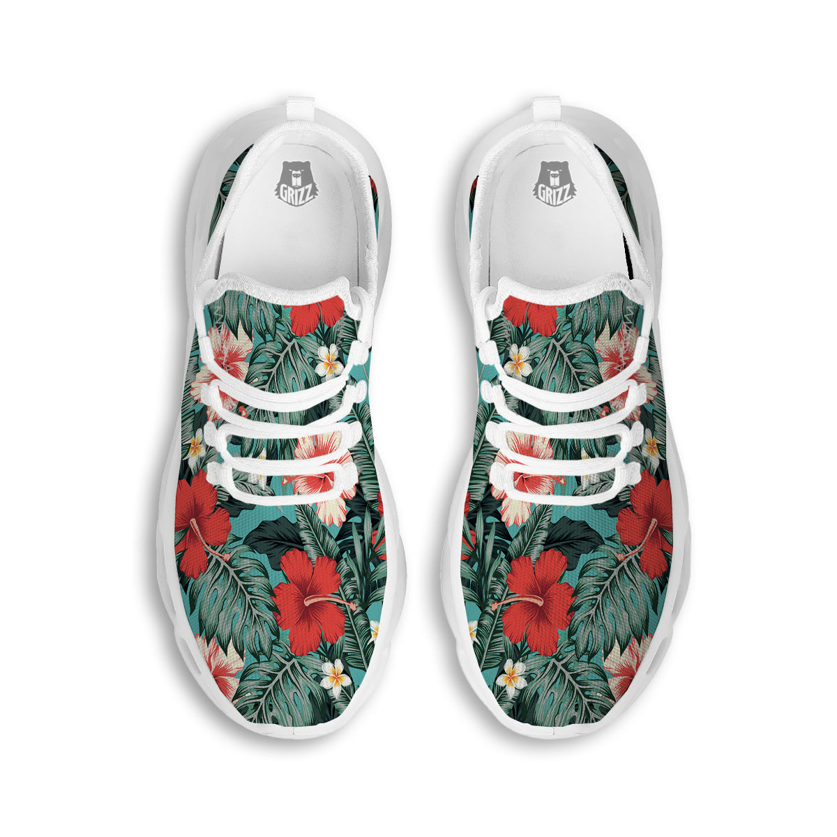 Tropical Leaf Turquoise Print Pattern White Running Shoes-grizzshop