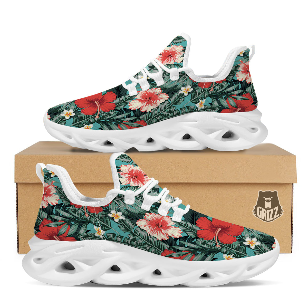 Tropical Leaf Turquoise Print Pattern White Running Shoes-grizzshop