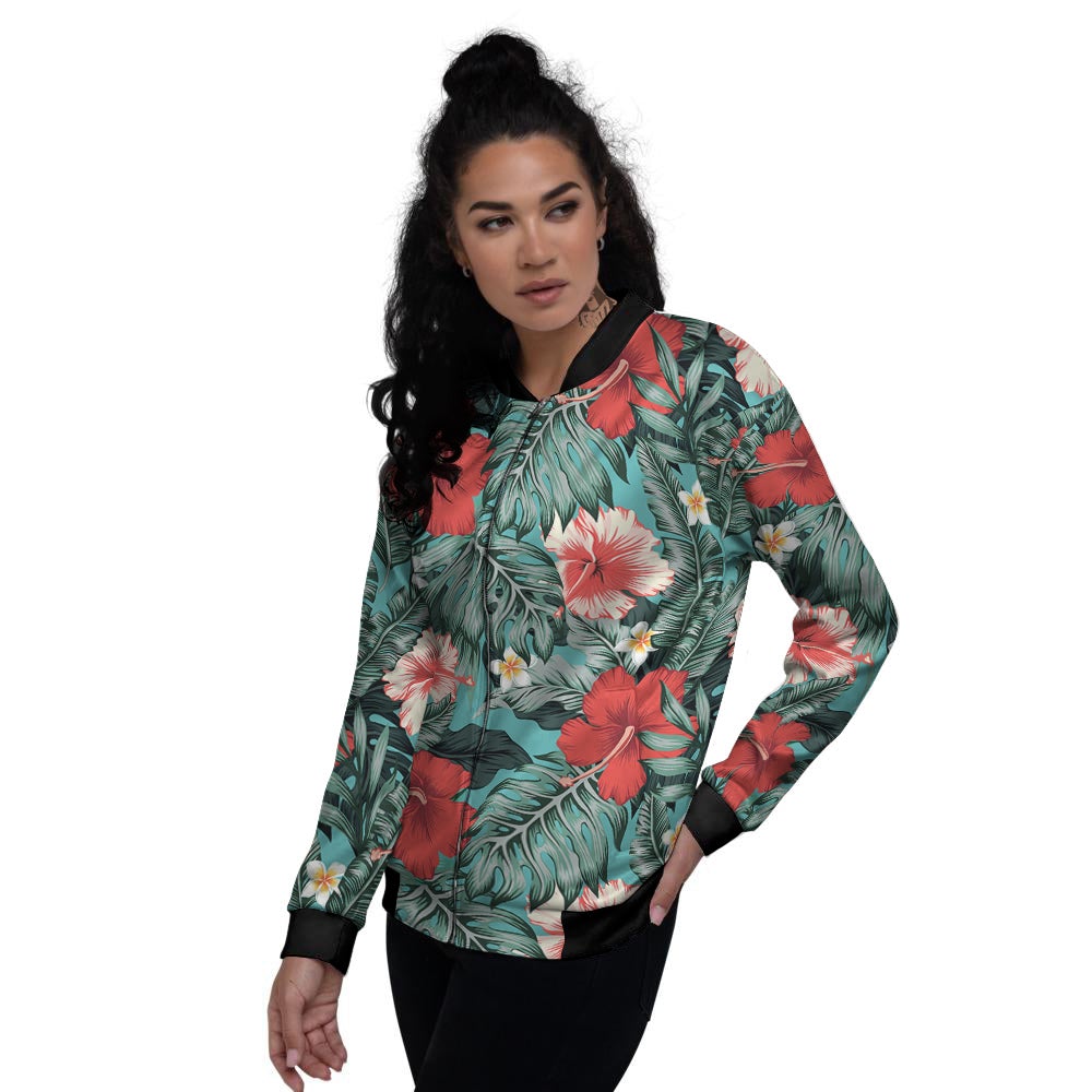 Tropical Leaf Turquoise Print Pattern Women's Bomber Jacket-grizzshop