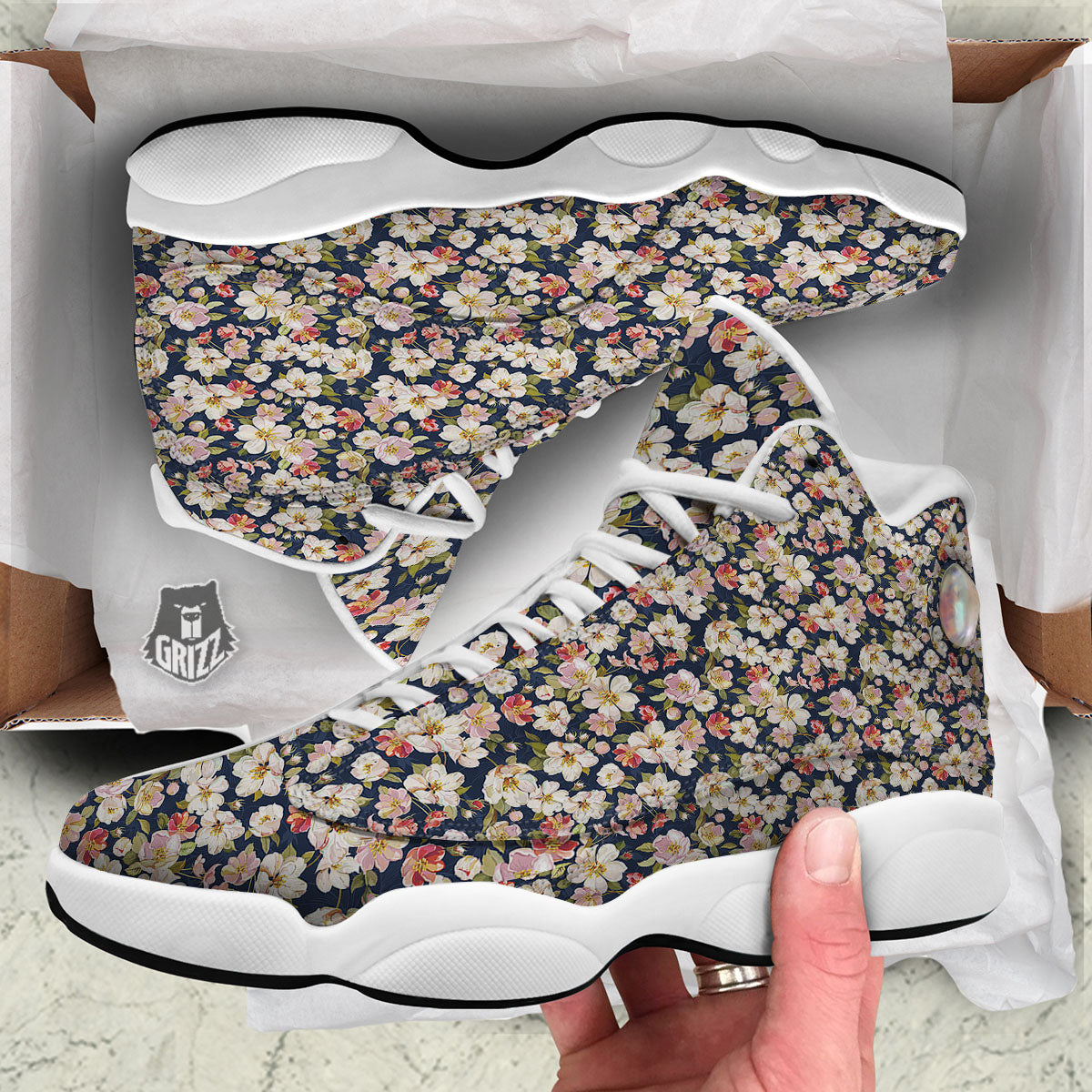 Tropical Leaves Blossom Print Pattern White Basketball Shoes-grizzshop