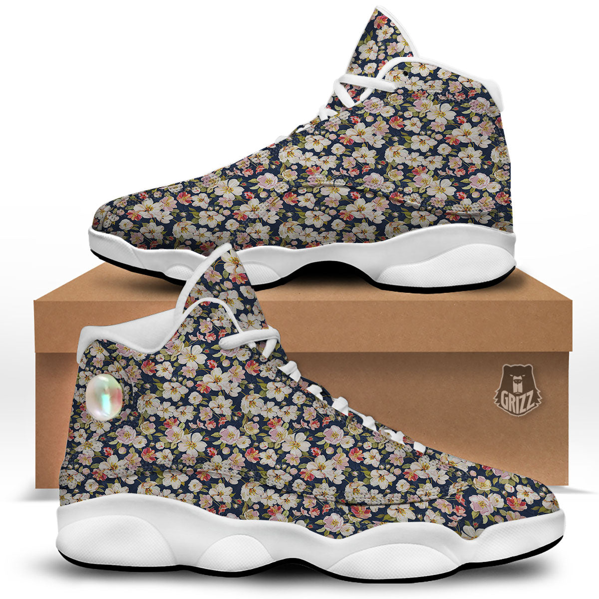 Tropical Leaves Blossom Print Pattern White Basketball Shoes-grizzshop