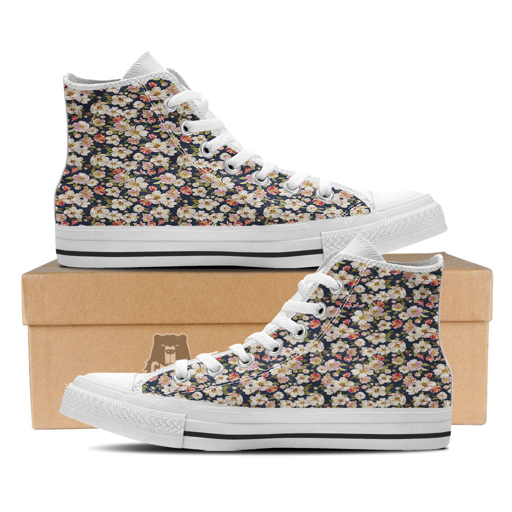 Tropical Leaves Blossom Print Pattern White High Top Shoes-grizzshop