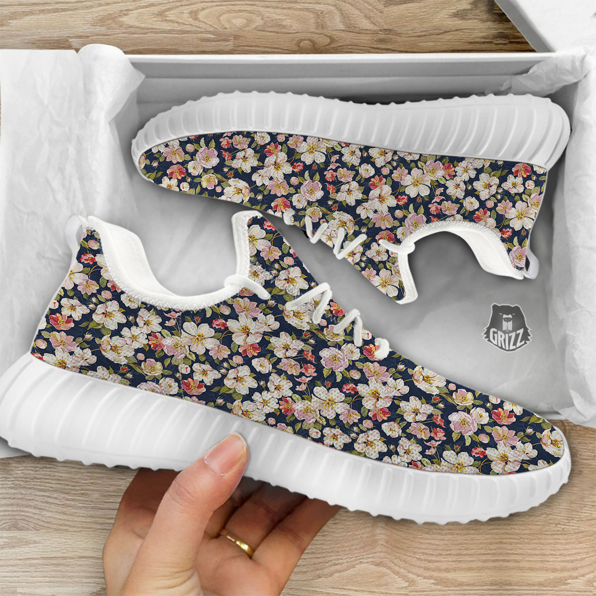 Tropical Leaves Blossom Print Pattern White Walking Shoes-grizzshop