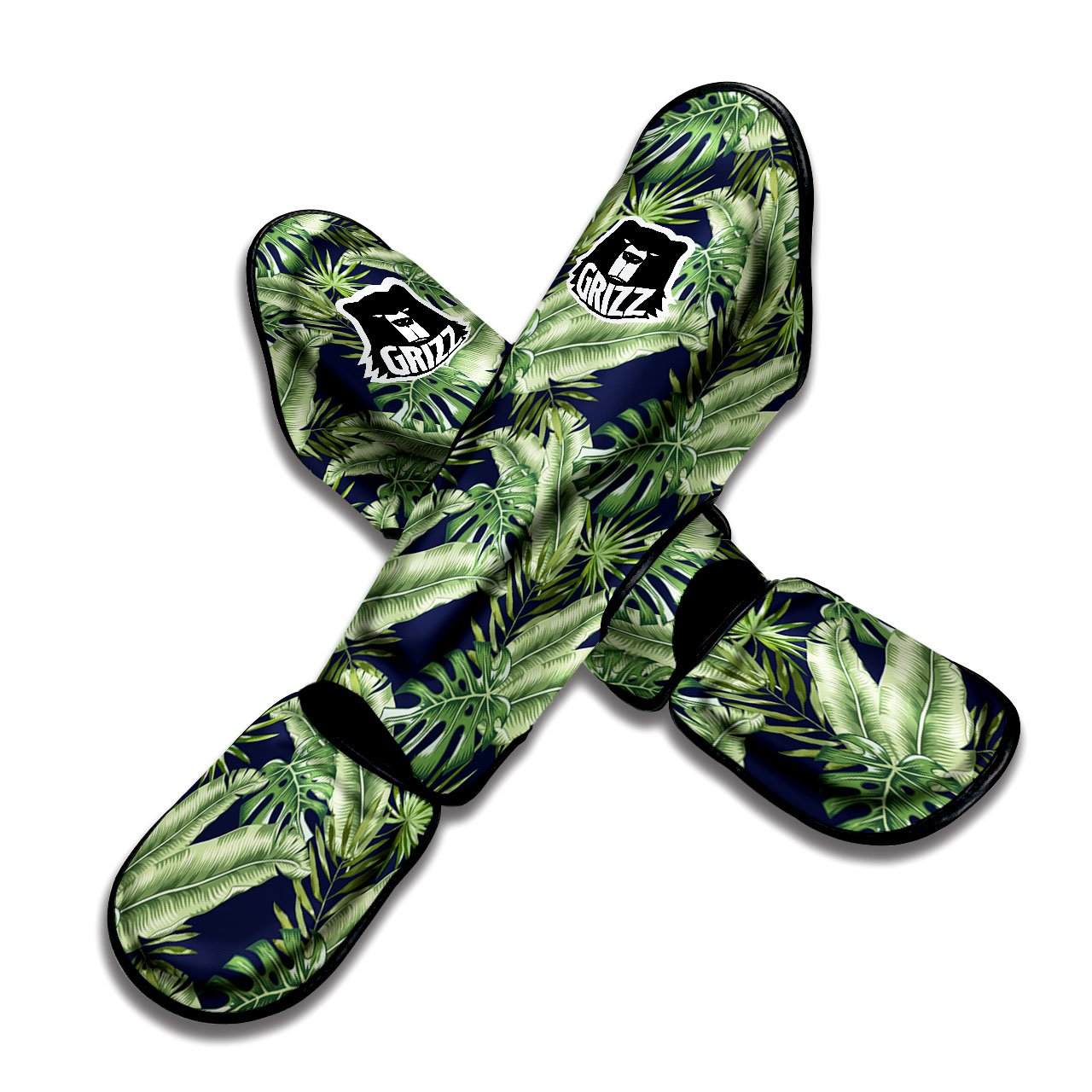 Tropical Leaves Blue Print Muay Thai Shin Guards-grizzshop