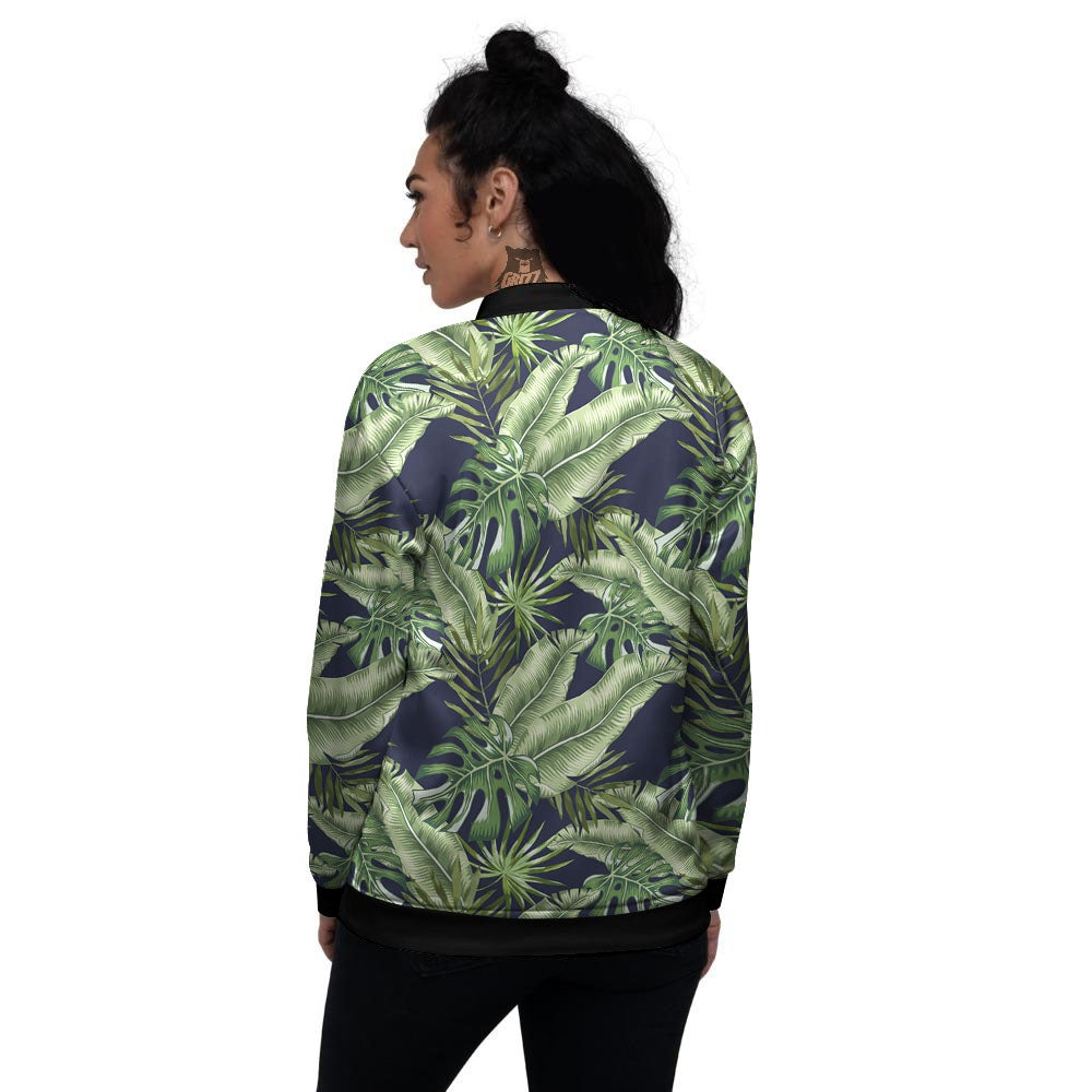 Tropical Leaves Blue Print Women's Bomber Jacket-grizzshop