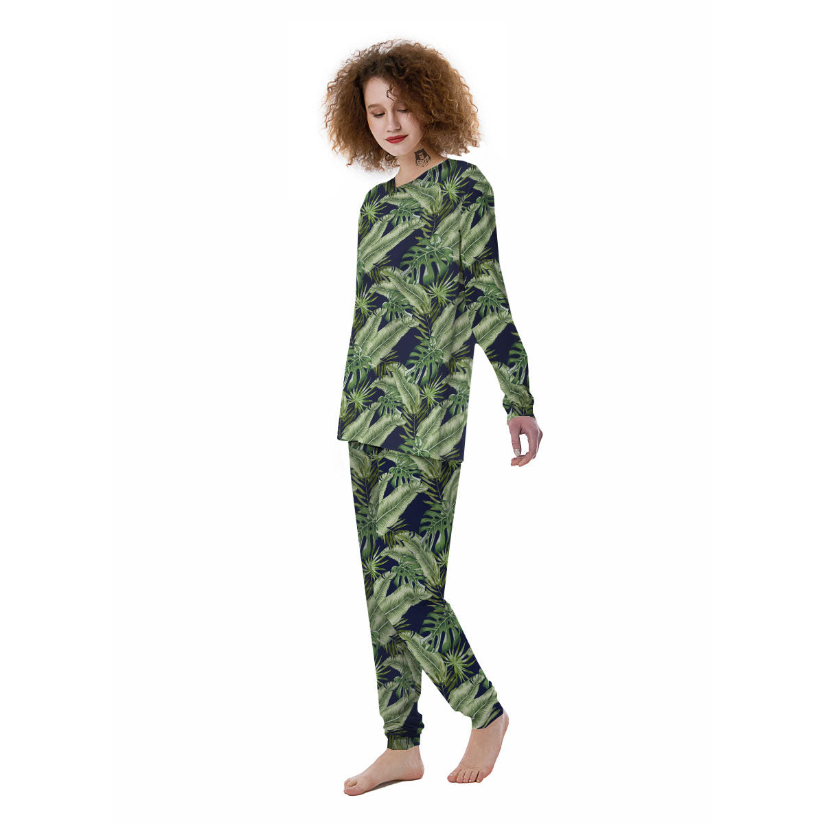 Tropical Leaves Blue Print Women's Pajamas-grizzshop