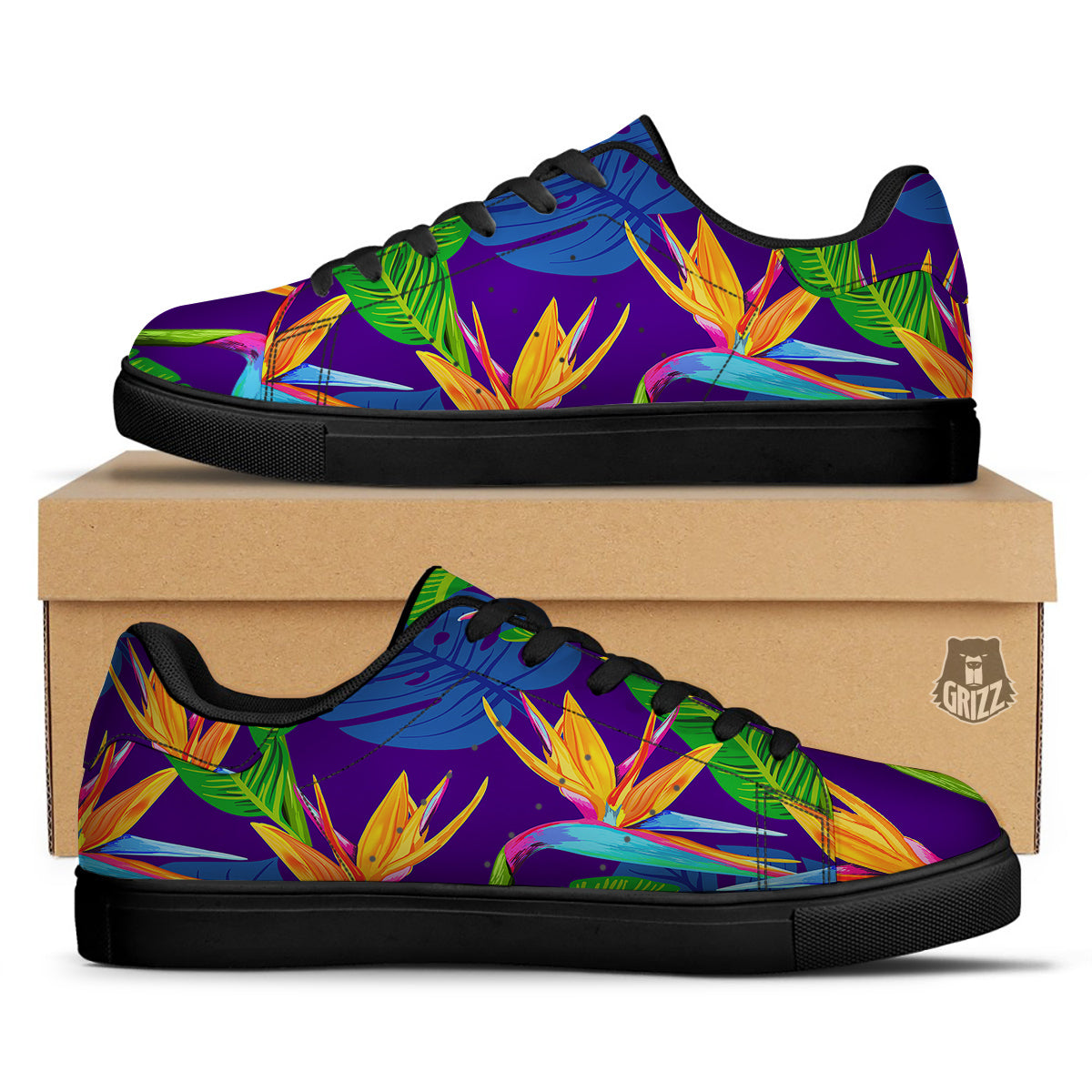 Tropical Leaves Colorful Print Pattern Colorful Black Low Top Sneakers-grizzshop