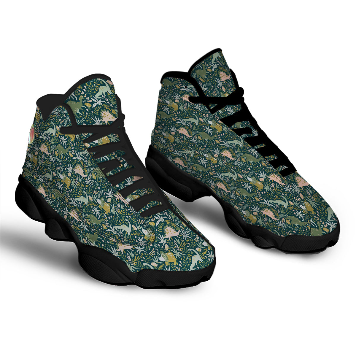 Tropical Leaves Cute Dino Print Pattern Black Basketball Shoes-grizzshop