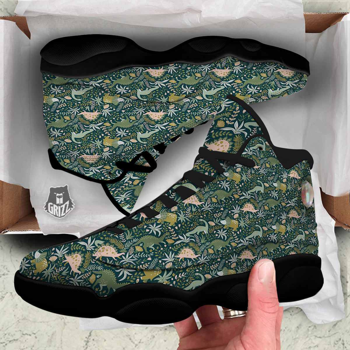 Tropical Leaves Cute Dino Print Pattern Black Basketball Shoes-grizzshop