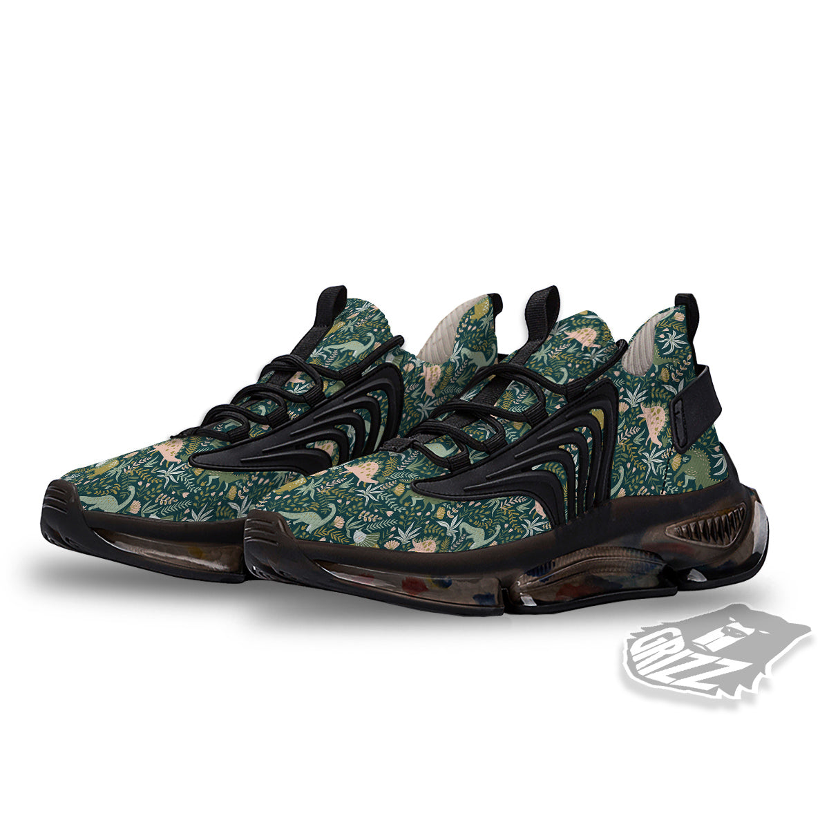 Tropical Leaves Cute Dino Print Pattern Black Gym Shoes-grizzshop
