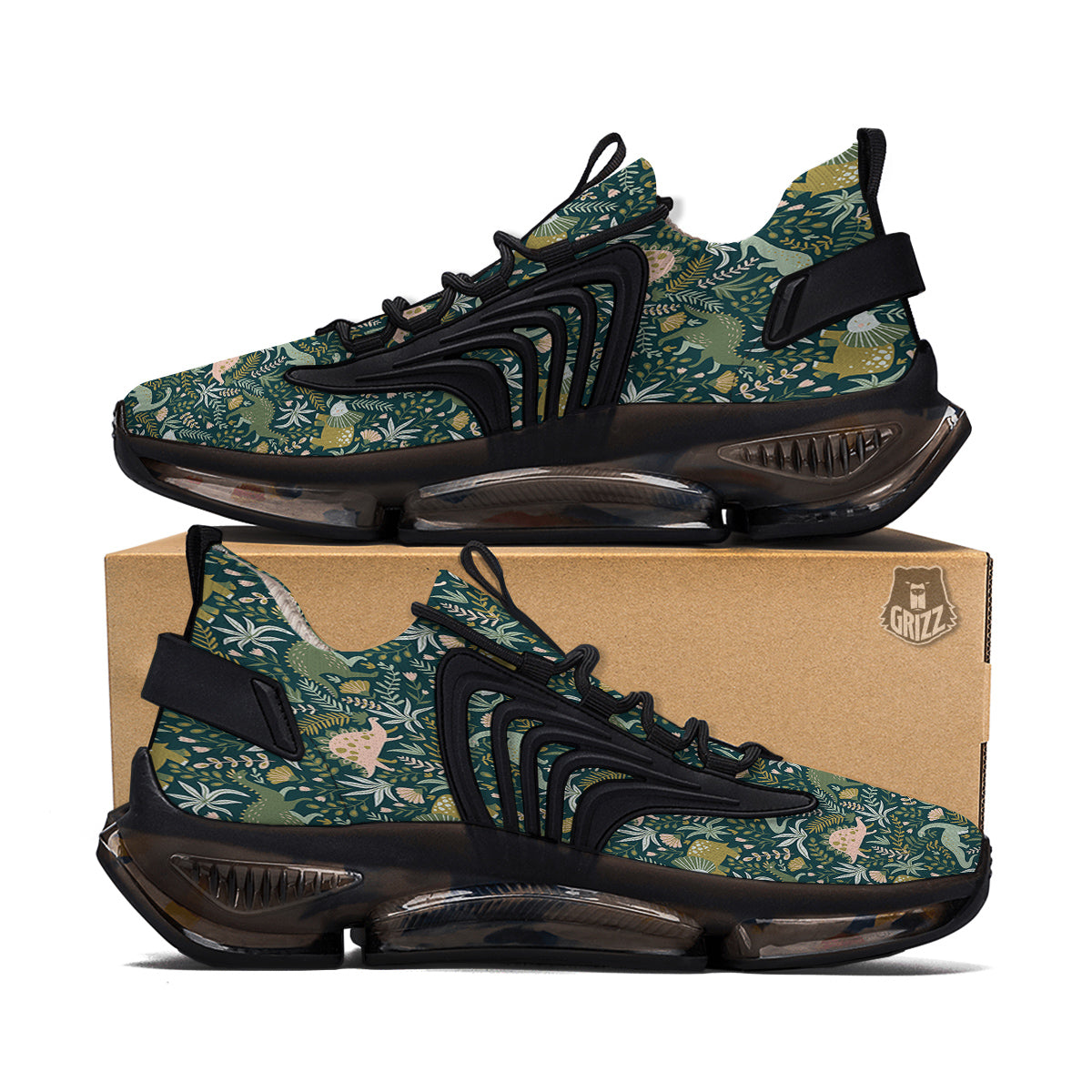 Tropical Leaves Cute Dino Print Pattern Black Gym Shoes-grizzshop
