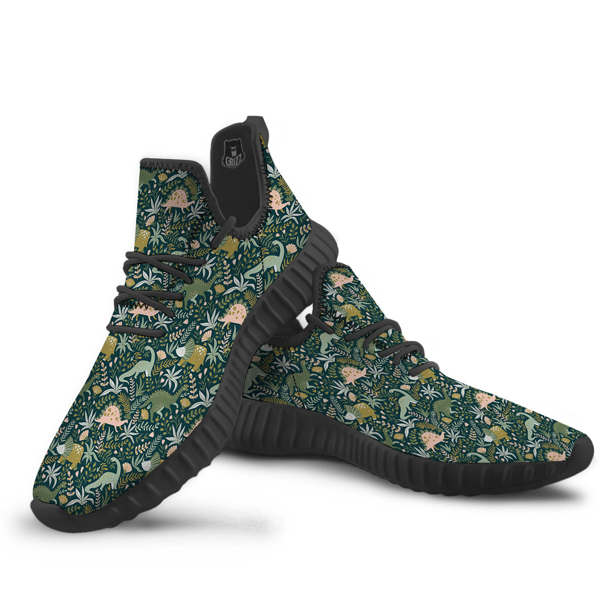 Tropical Leaves Cute Dino Print Pattern Black Walking Shoes-grizzshop