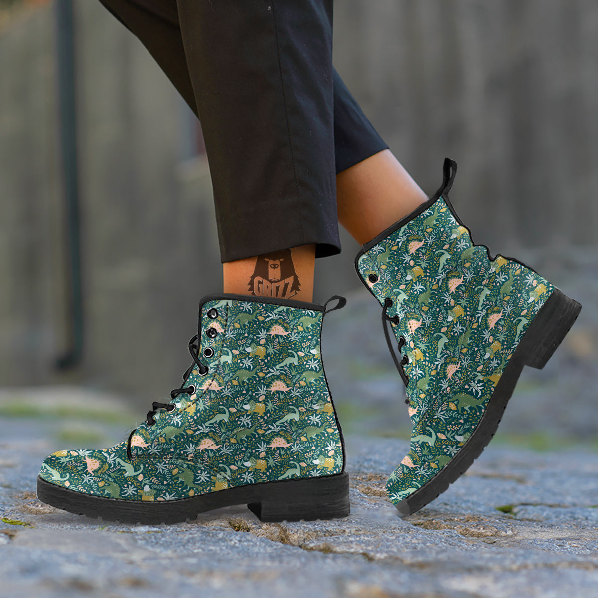 Tropical Leaves Cute Dino Print Pattern Leather Boots-grizzshop