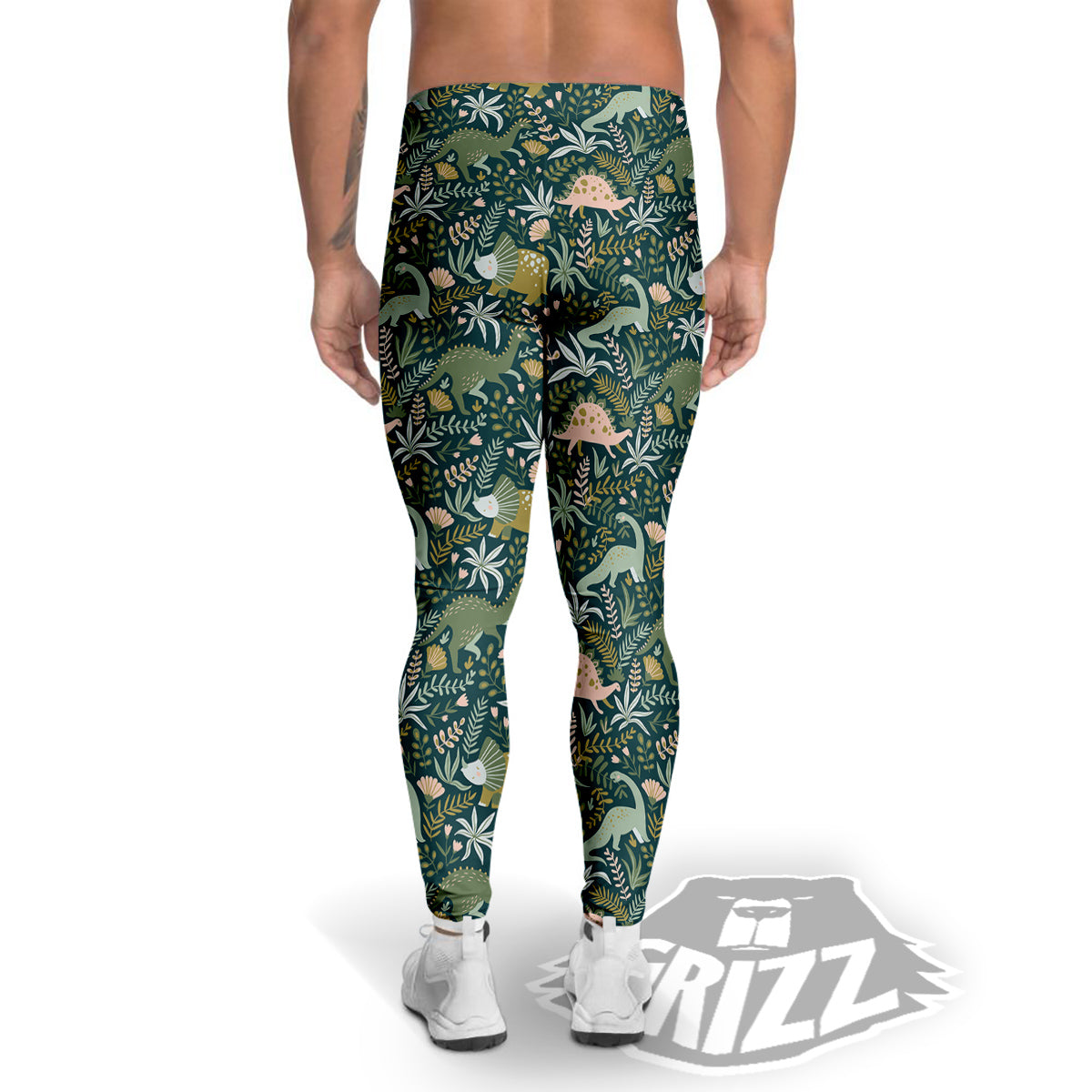 Tropical Leaves Cute Dino Print Pattern Men's Leggings-grizzshop