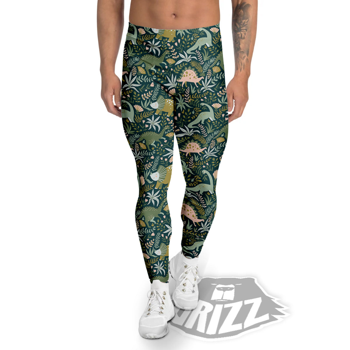 Tropical Leaves Cute Dino Print Pattern Men's Leggings-grizzshop