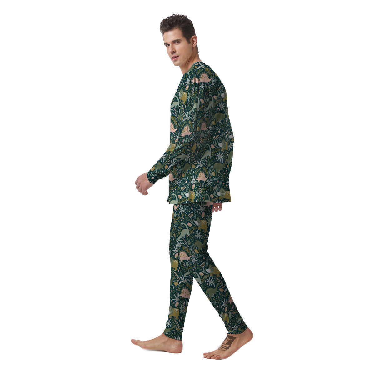 Tropical Leaves Cute Dino Print Pattern Men's Pajamas-grizzshop