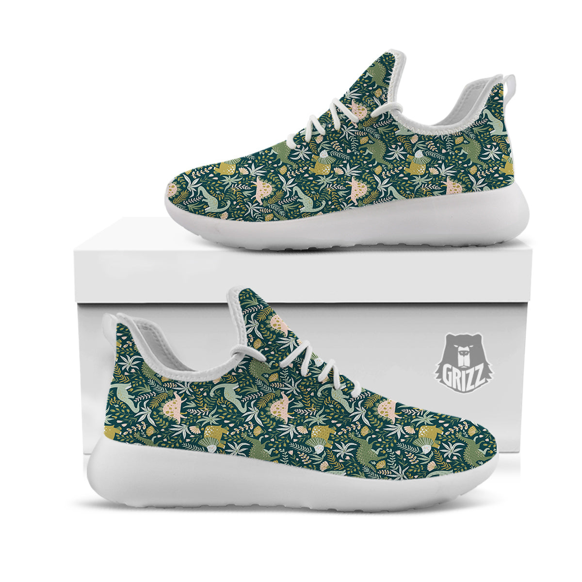 Tropical Leaves Cute Dino Print Pattern White Athletic Shoes-grizzshop