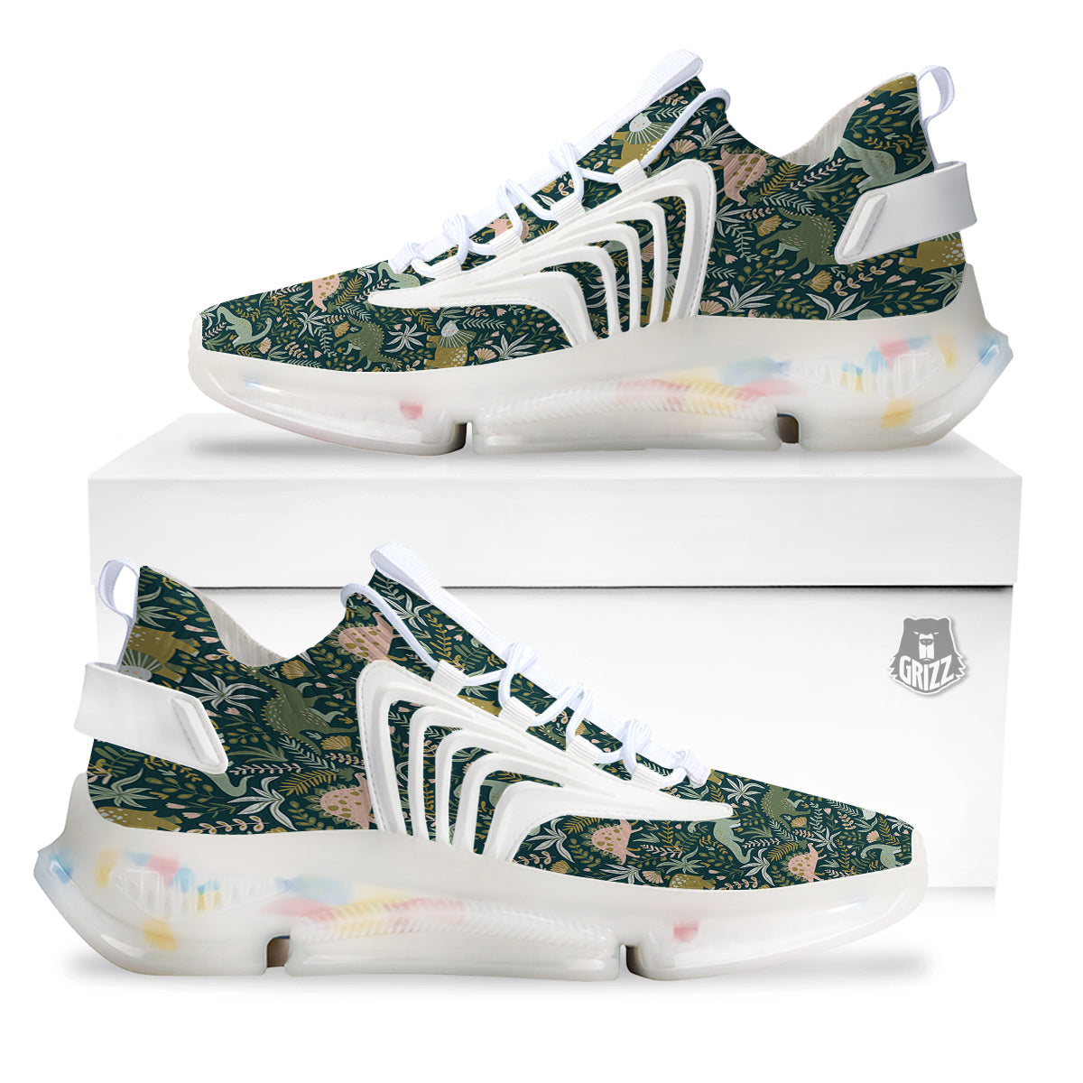 Tropical Leaves Cute Dino Print Pattern White Gym Shoes-grizzshop