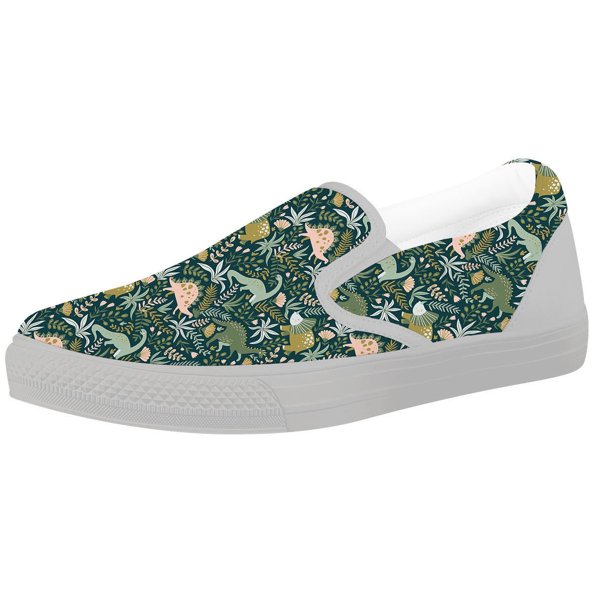 Tropical Leaves Cute Dino Print Pattern White Slip On Shoes-grizzshop