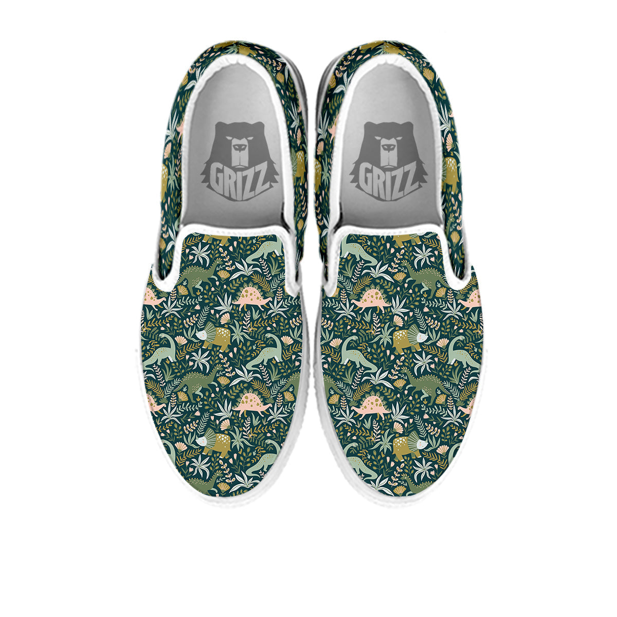 Tropical Leaves Cute Dino Print Pattern White Slip On Shoes-grizzshop