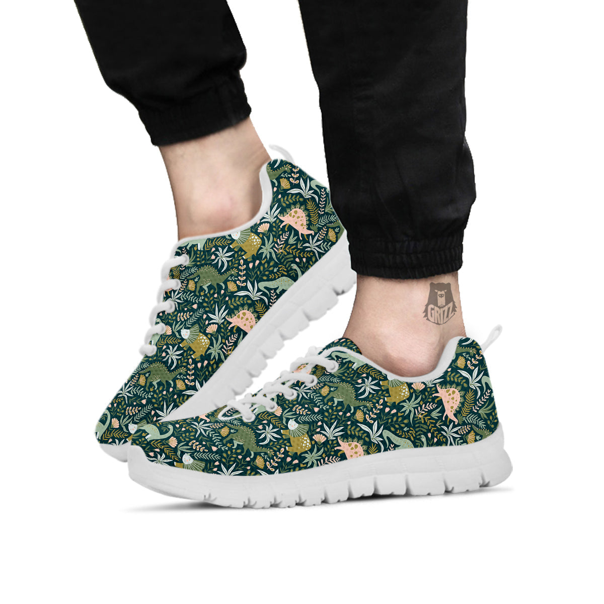 Tropical Leaves Cute Dino Print Pattern White Sneaker-grizzshop