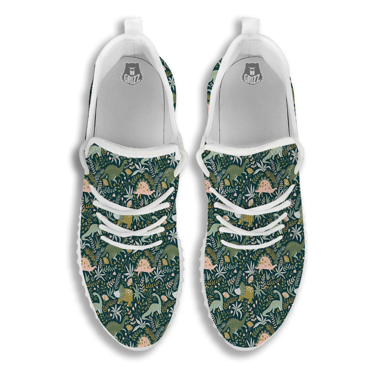 Tropical Leaves Cute Dino Print Pattern White Walking Shoes-grizzshop