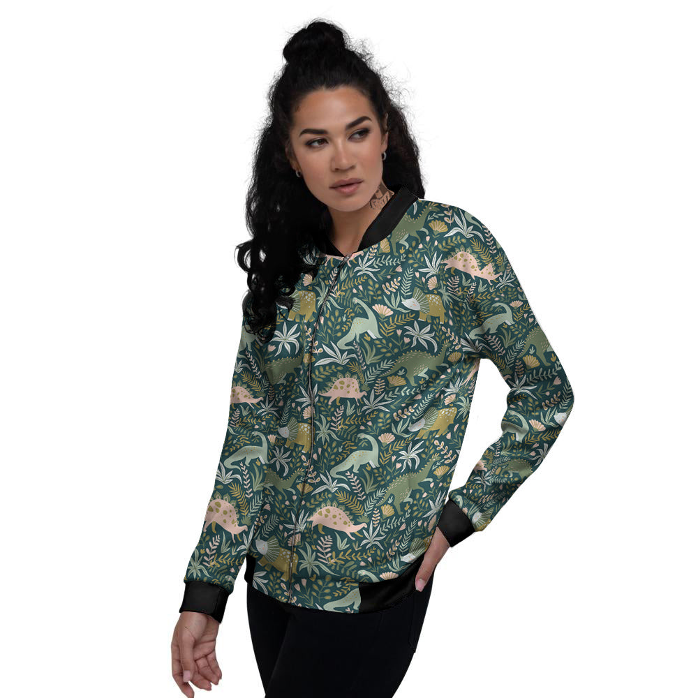 Tropical Leaves Cute Dino Print Pattern Women's Bomber Jacket-grizzshop