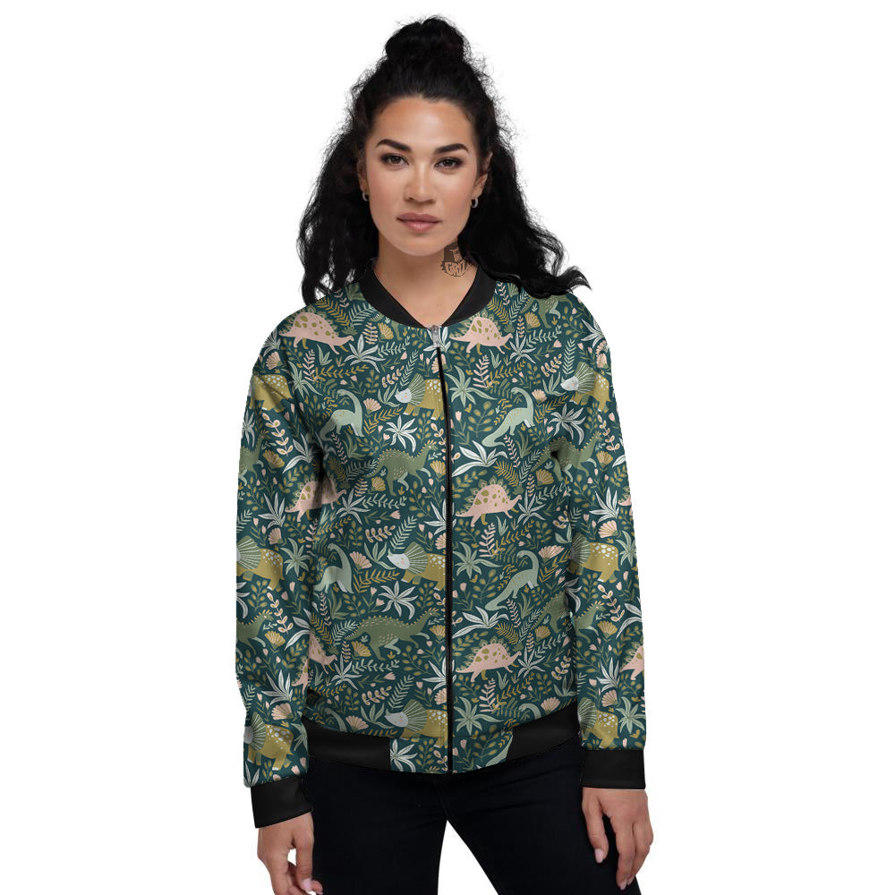 Tropical Leaves Cute Dino Print Pattern Women's Bomber Jacket-grizzshop