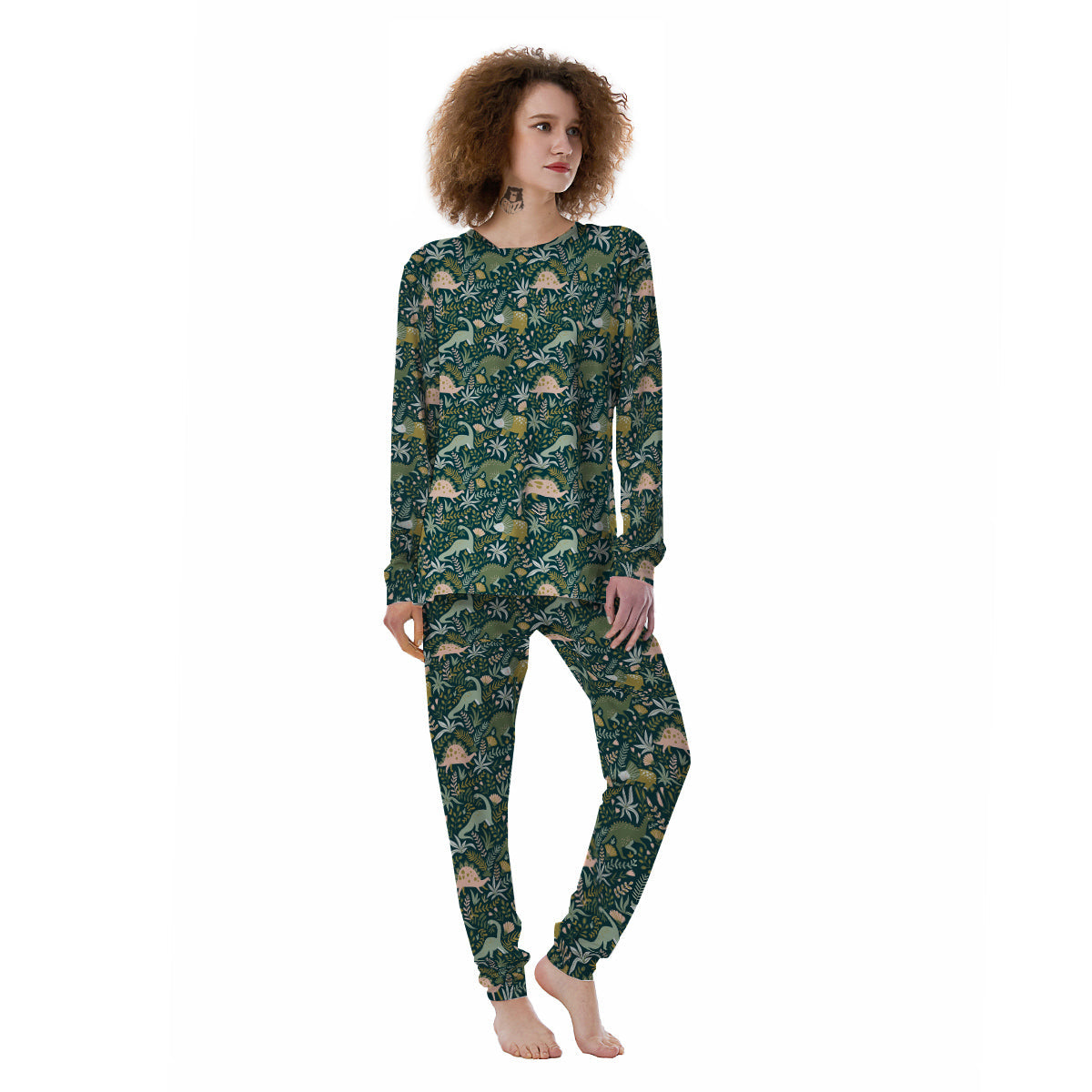 Tropical Leaves Cute Dino Print Pattern Women's Pajamas-grizzshop