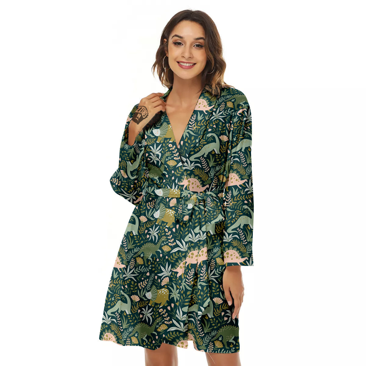 Tropical Leaves Cute Dino Print Pattern Women's Robe-grizzshop