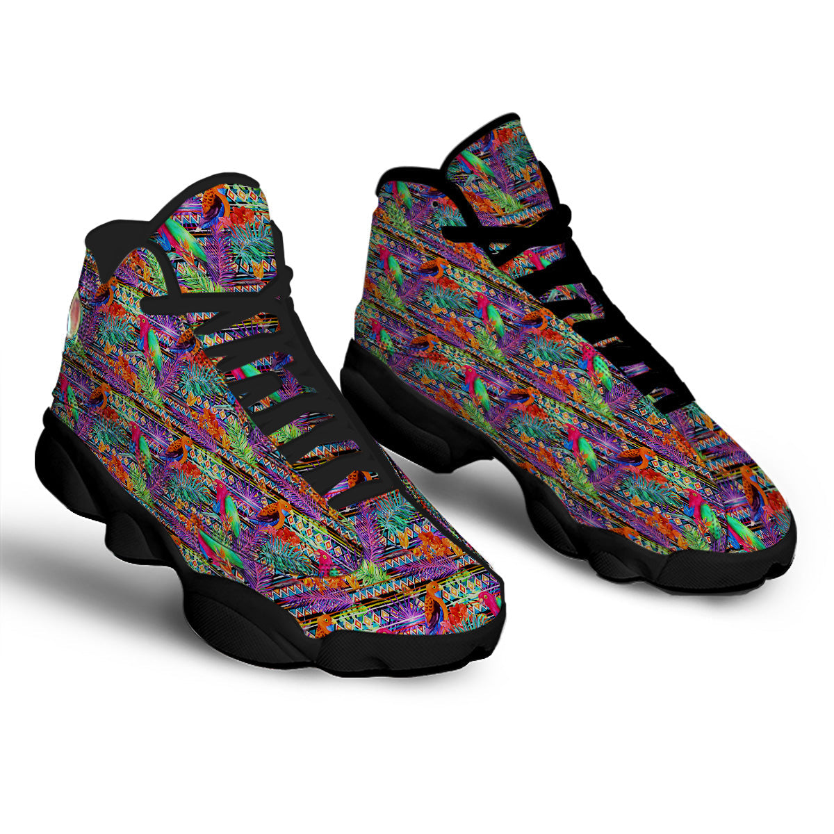 Tropical Leaves Exotic Bird Aztec Print Pattern Black Basketball Shoes-grizzshop