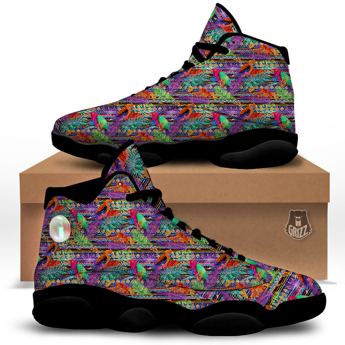 Tropical Leaves Exotic Bird Aztec Print Pattern Black Basketball Shoes-grizzshop