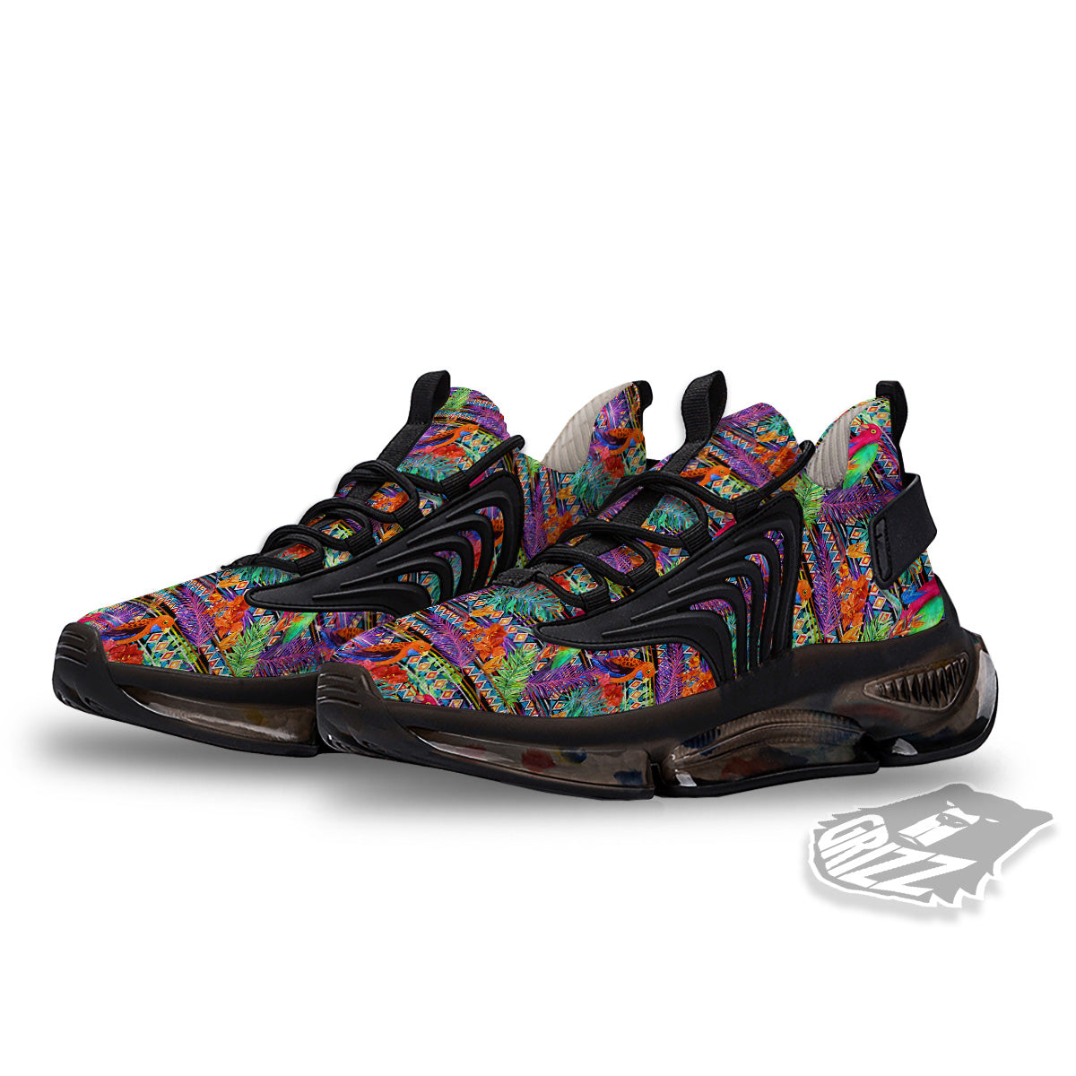 Tropical Leaves Exotic Bird Aztec Print Pattern Black Gym Shoes-grizzshop