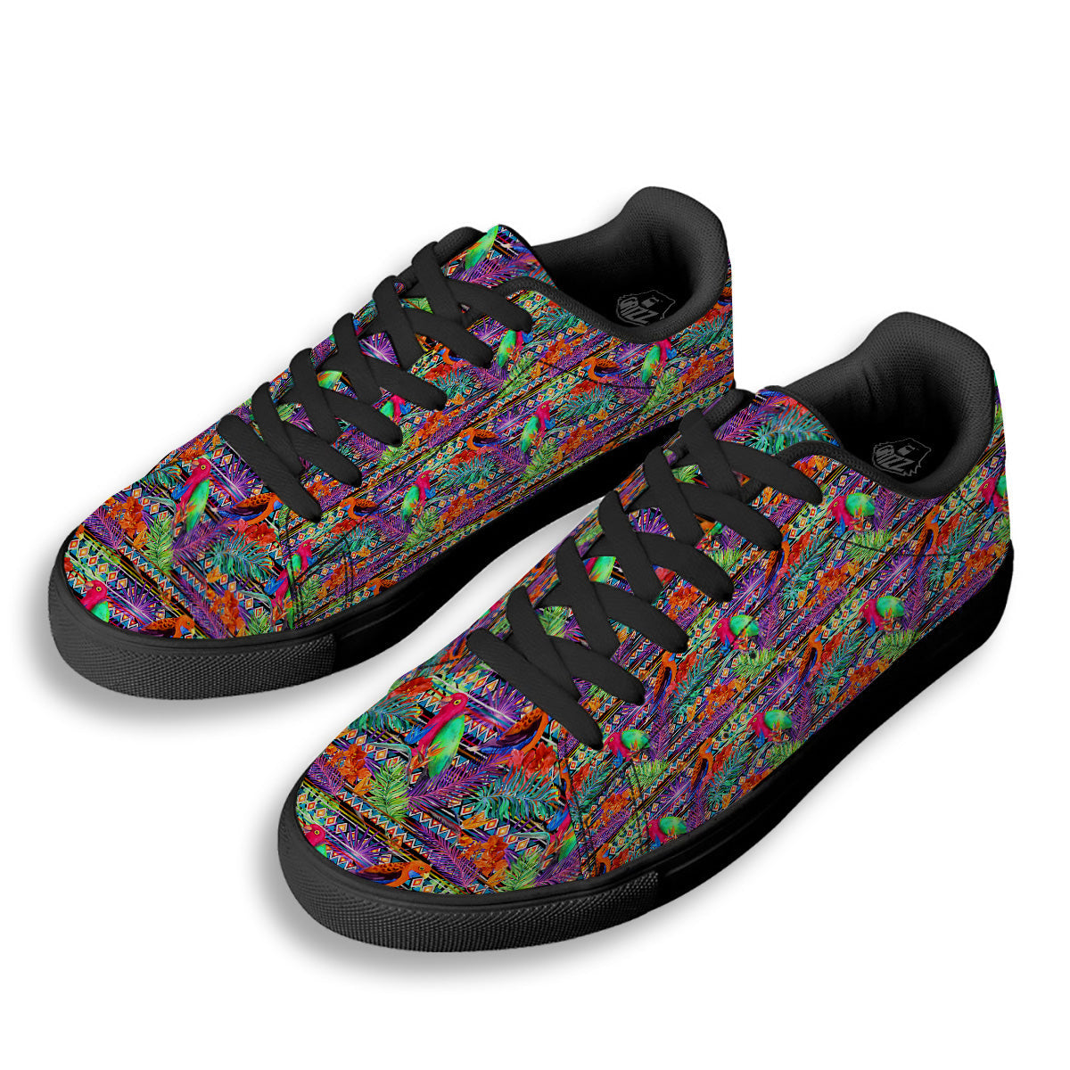 Tropical Leaves Exotic Bird Aztec Print Pattern Black Low Top Sneakers-grizzshop