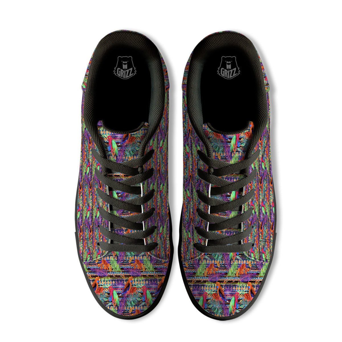 Tropical Leaves Exotic Bird Aztec Print Pattern Black Low Top Sneakers-grizzshop