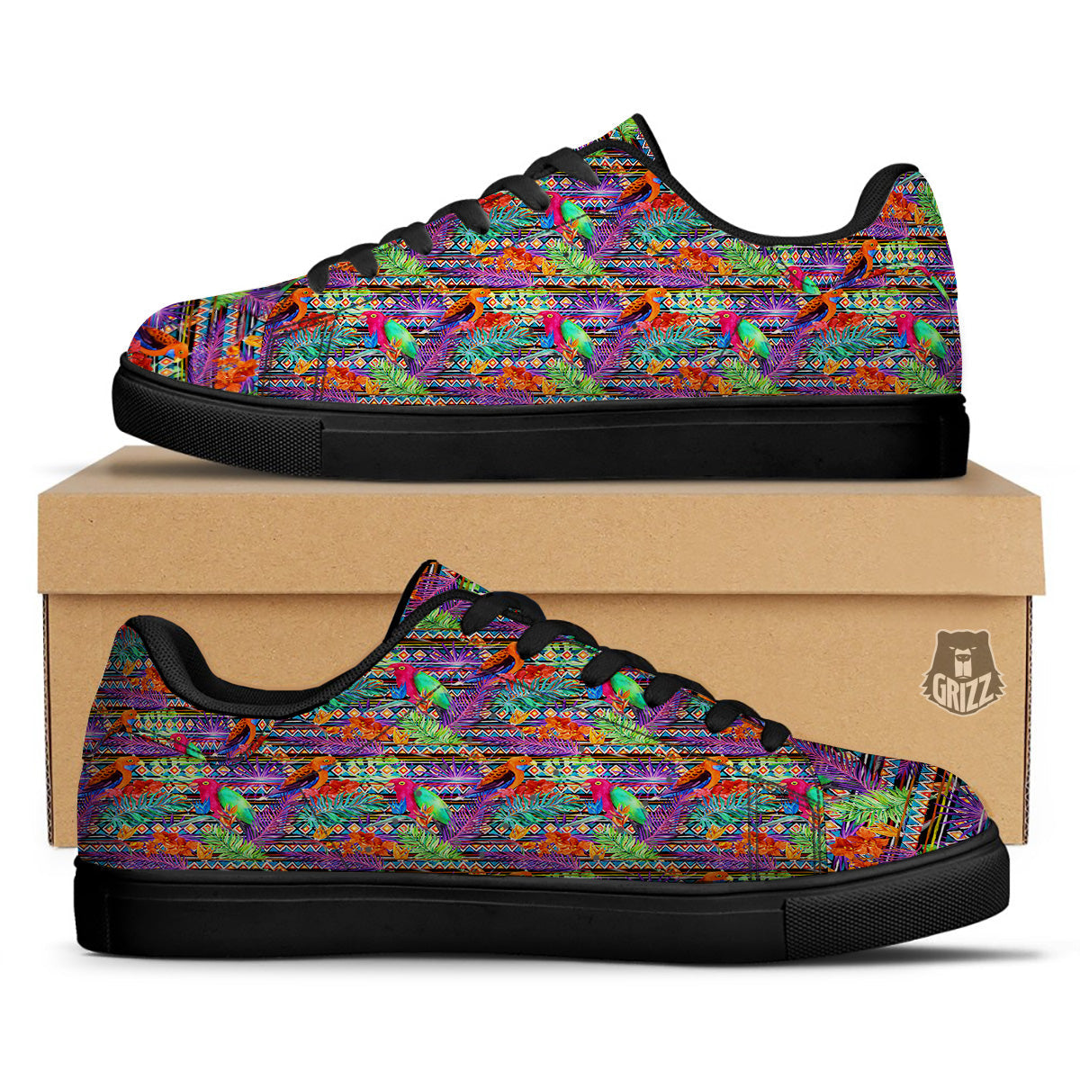 Tropical Leaves Exotic Bird Aztec Print Pattern Black Low Top Sneakers-grizzshop