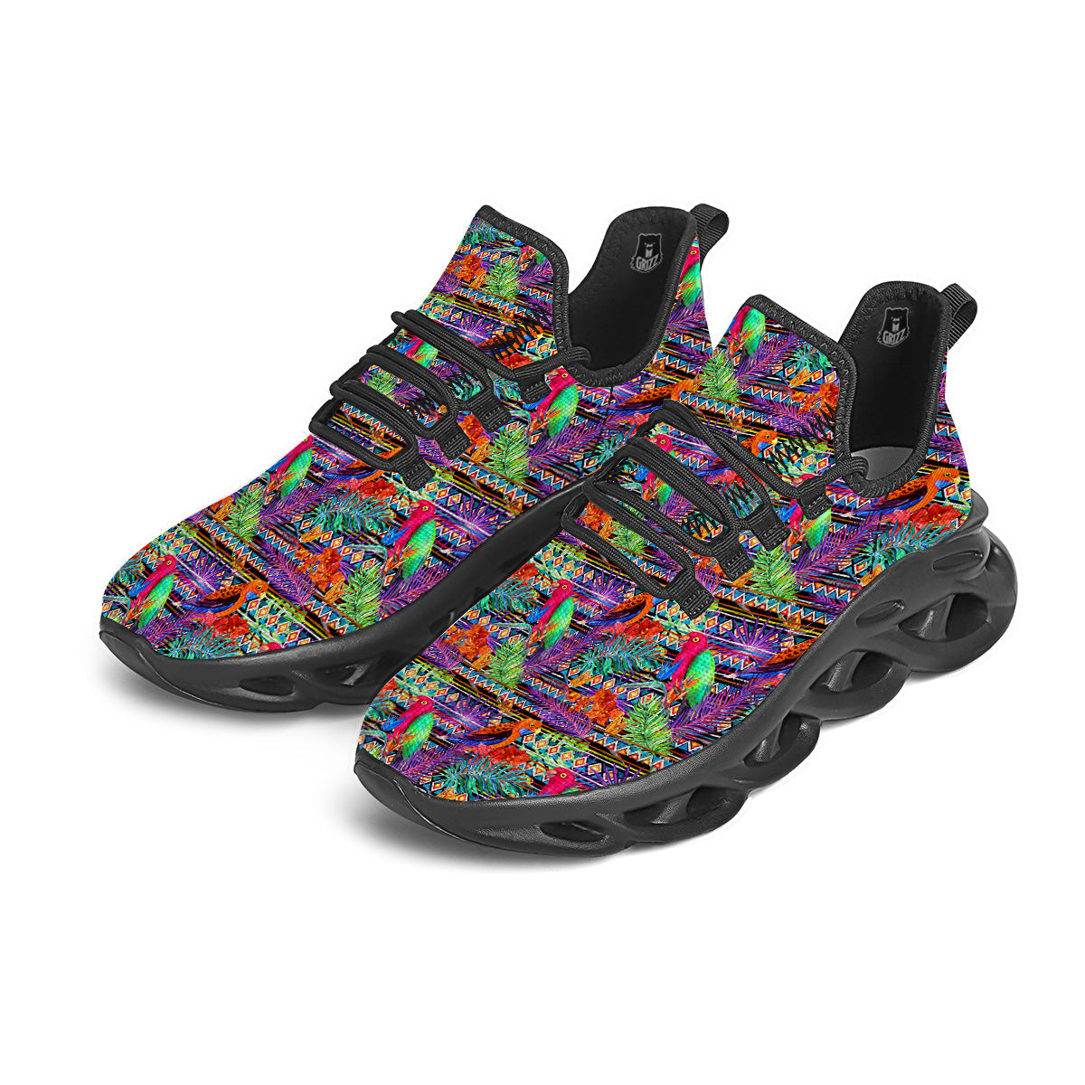 Tropical Leaves Exotic Bird Aztec Print Pattern Black Running Shoes-grizzshop