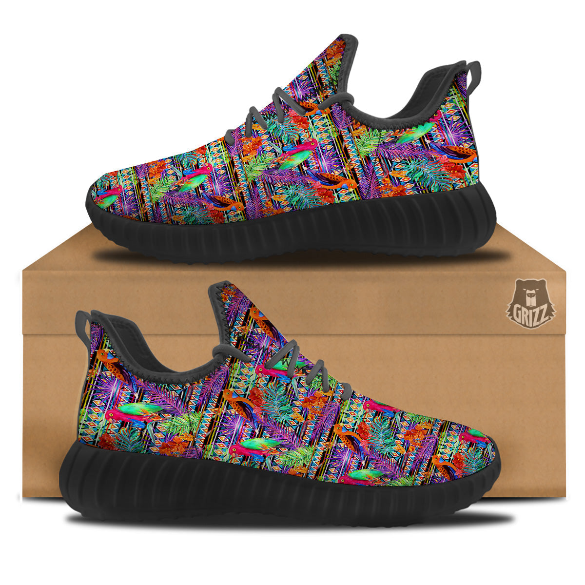 Tropical Leaves Exotic Bird Aztec Print Pattern Black Walking Shoes-grizzshop