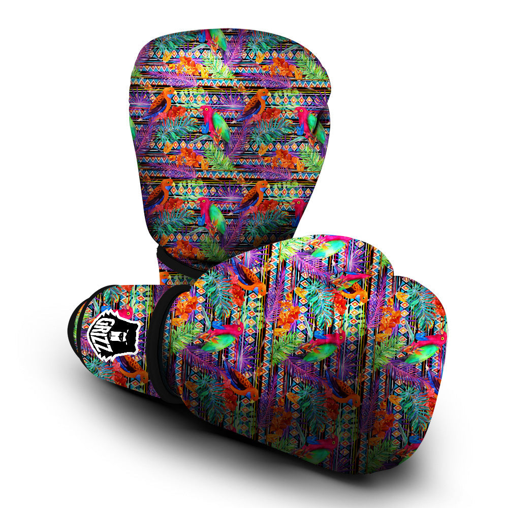 Tropical Leaves Exotic Bird Aztec Print Pattern Boxing Gloves-grizzshop