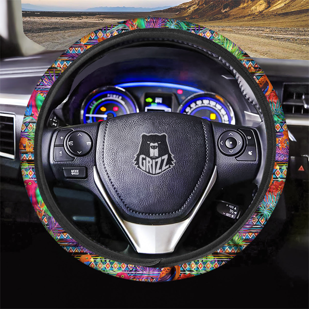 Tropical Leaves Exotic Bird Aztec Print Pattern Car Steering Wheel Cover-grizzshop