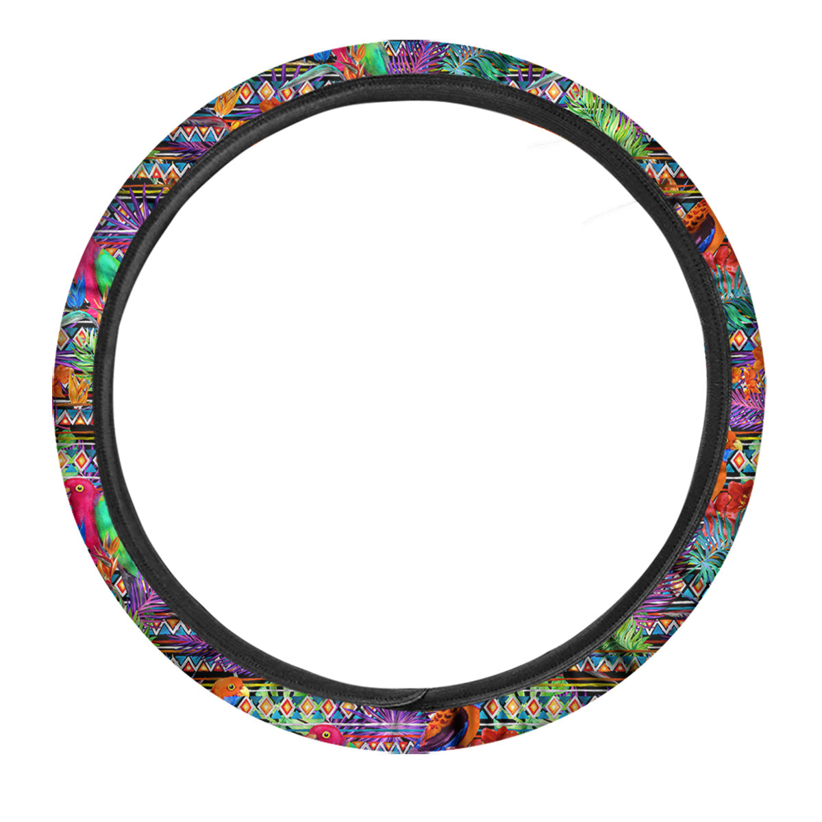 Tropical Leaves Exotic Bird Aztec Print Pattern Car Steering Wheel Cover-grizzshop