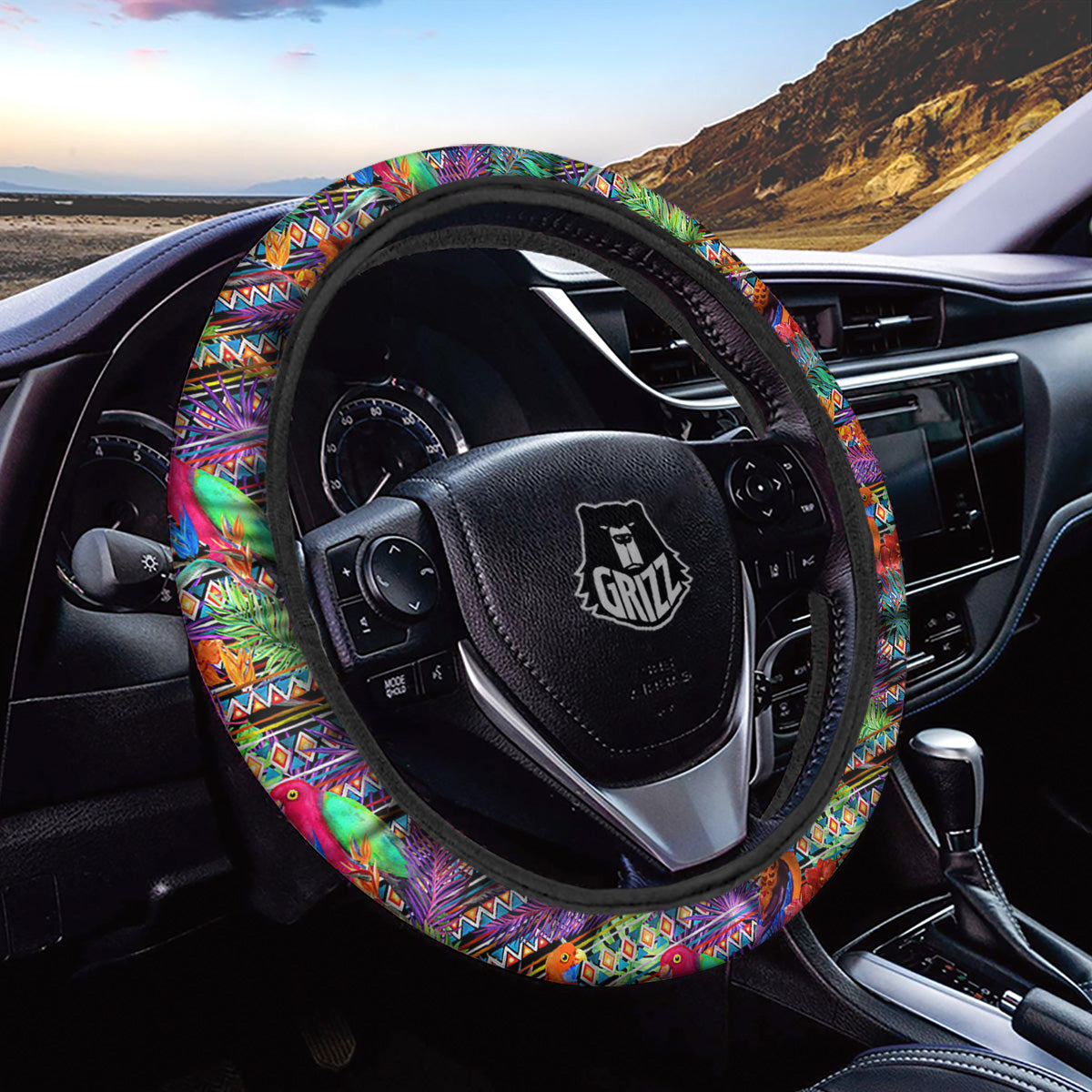 Tropical Leaves Exotic Bird Aztec Print Pattern Car Steering Wheel Cover-grizzshop