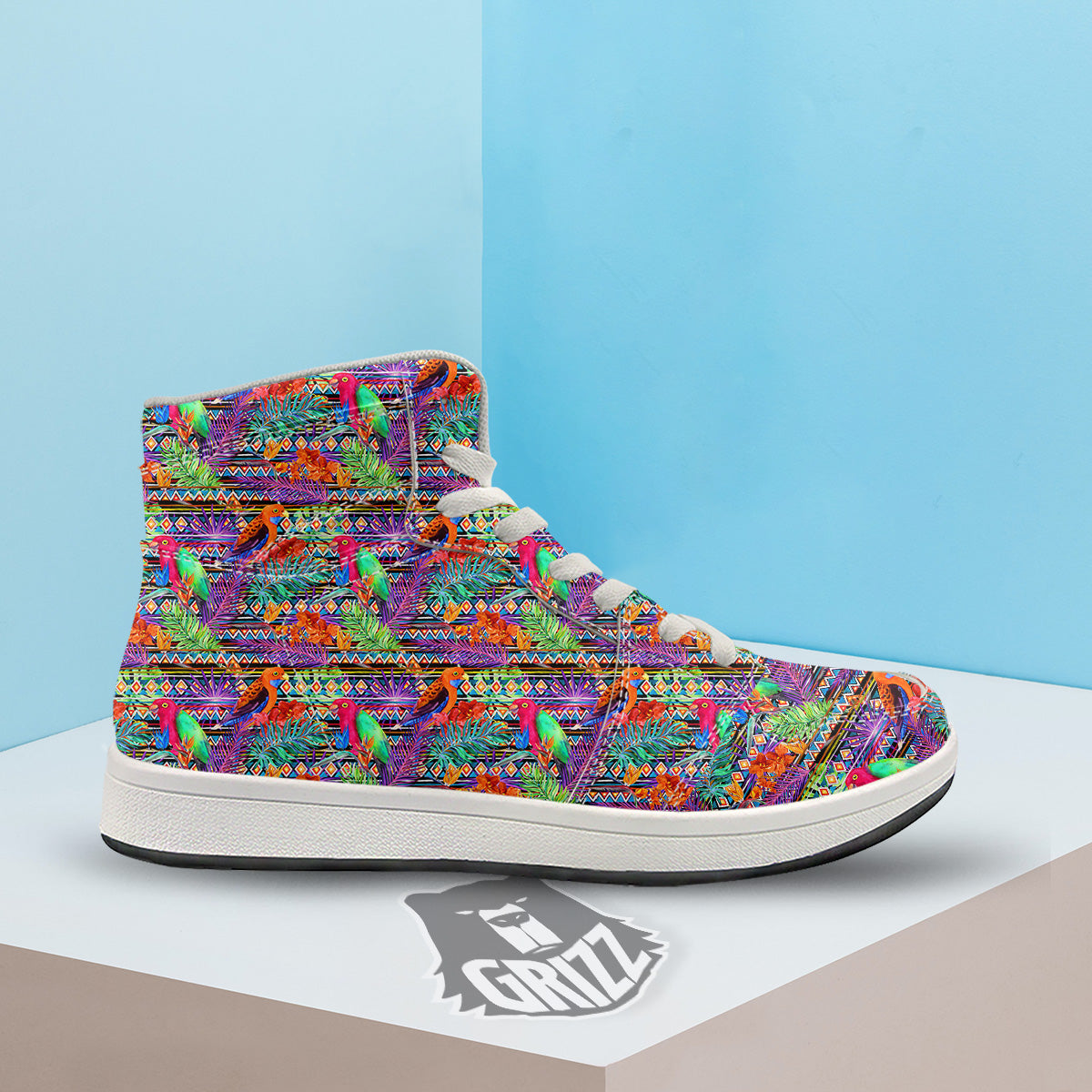 Tropical Leaves Exotic Bird Aztec Print Pattern High Top Sneakers-grizzshop