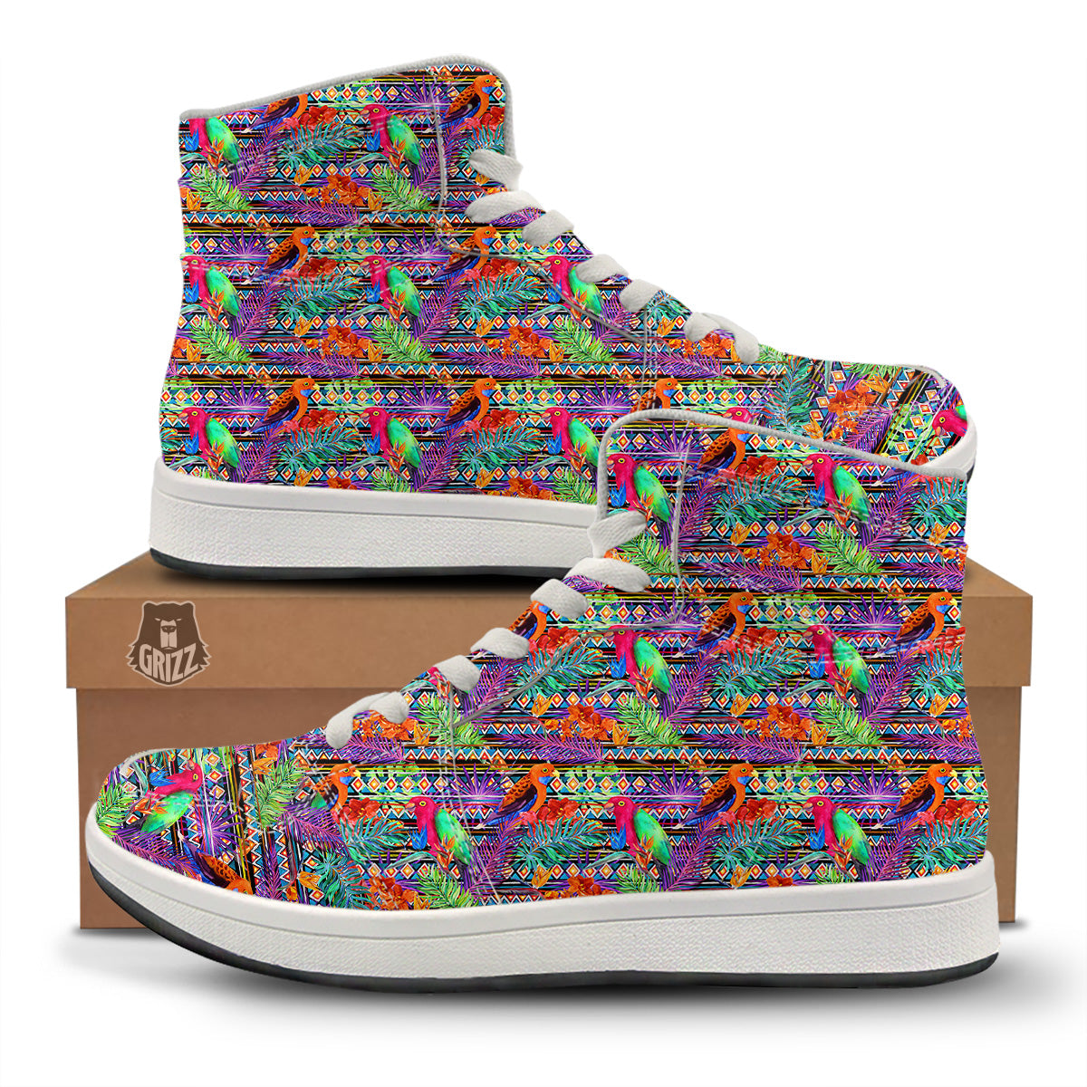 Tropical Leaves Exotic Bird Aztec Print Pattern High Top Sneakers-grizzshop