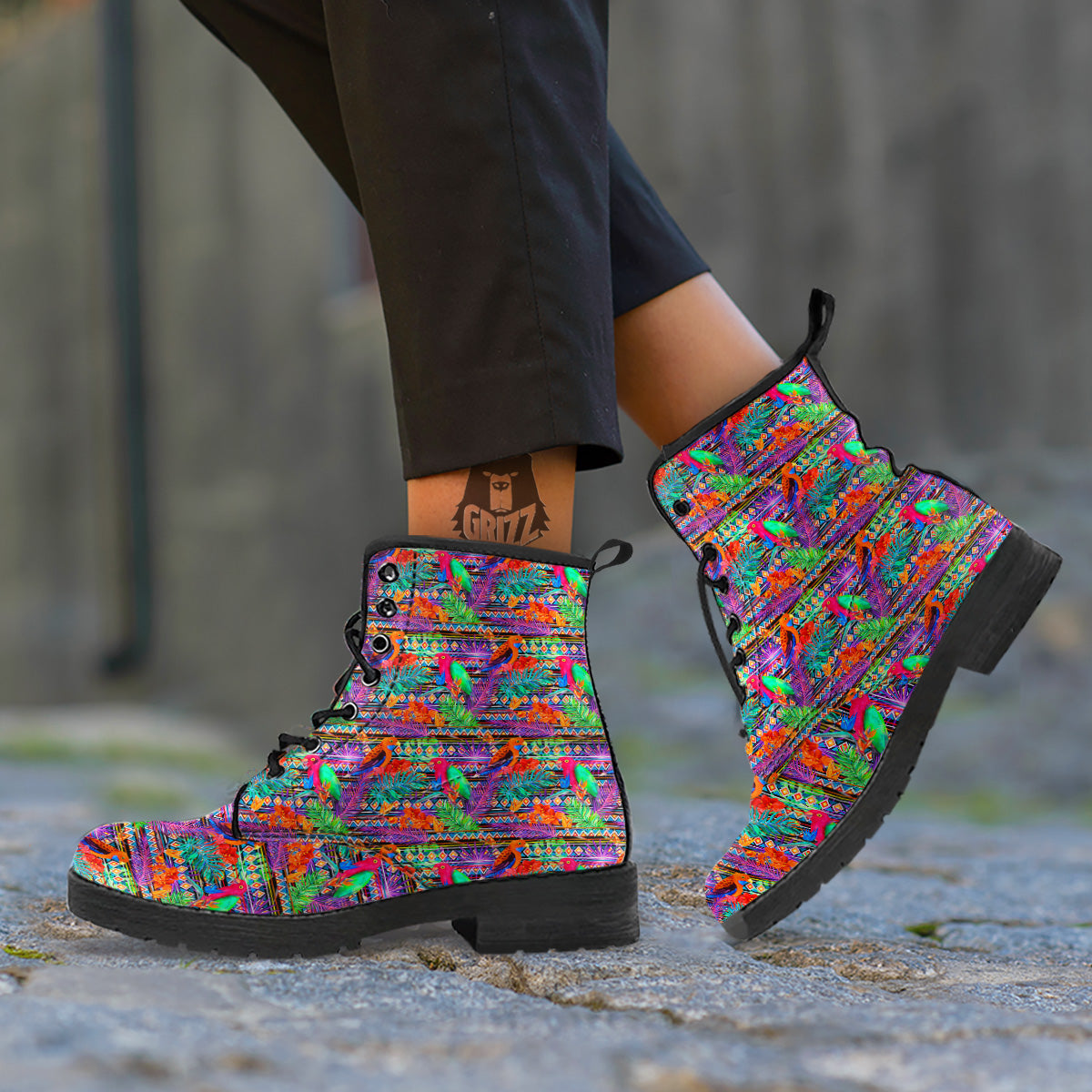 Tropical Leaves Exotic Bird Aztec Print Pattern Leather Boots-grizzshop