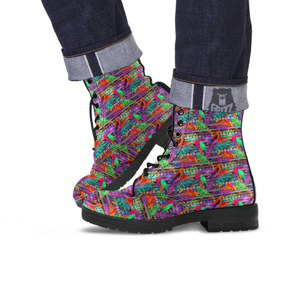 Tropical Leaves Exotic Bird Aztec Print Pattern Leather Boots-grizzshop