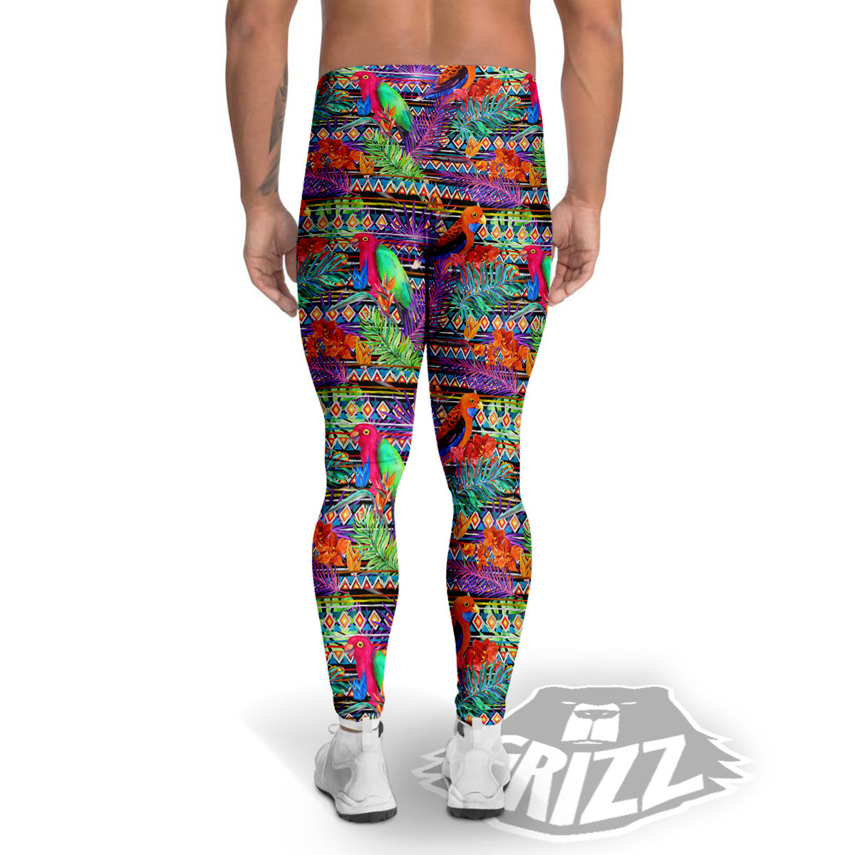 Tropical Leaves Exotic Bird Aztec Print Pattern Men's Leggings-grizzshop